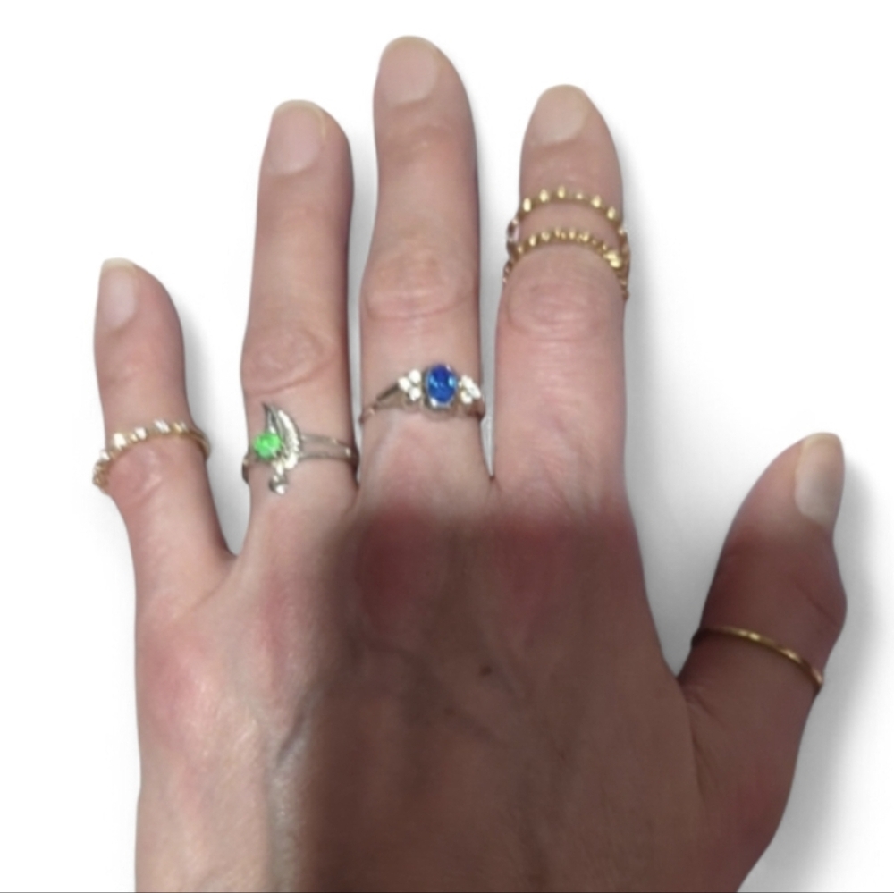 6/$15 Elegant Green Silver & Blue Silver Tone Gemstone Ring Set Delicate Design